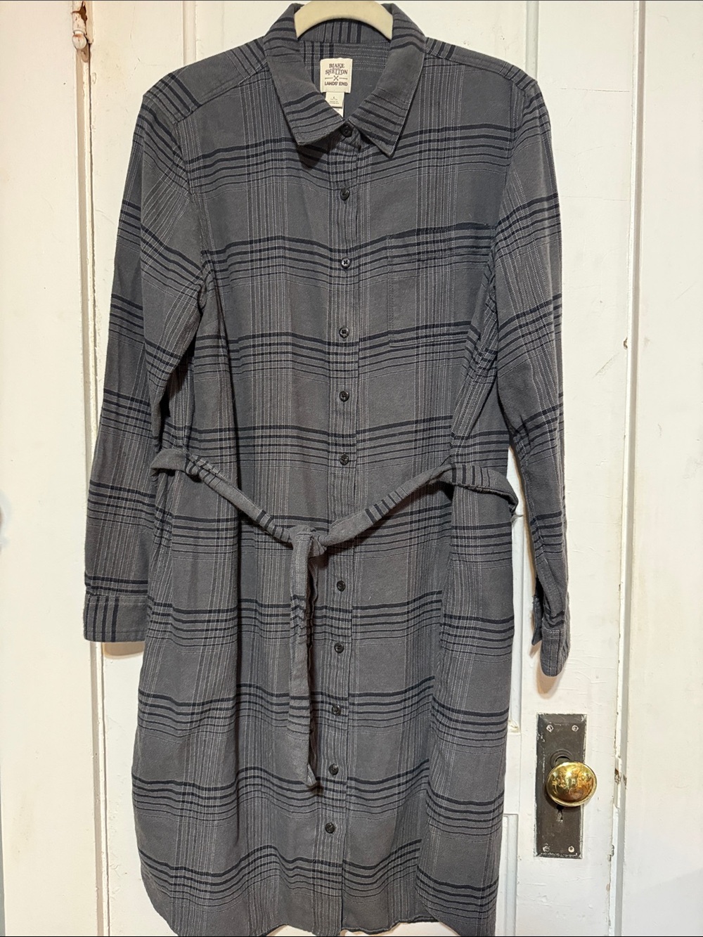 Lands' End Gray Plaid Button-Front Shirt Dress